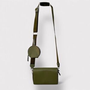Trendy Double Zip Olive Green Camera Crossbody Bag, Coin Pouch, Guitar Strap